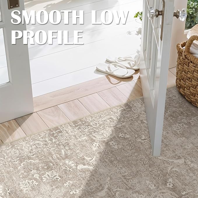 4x10 Washable Hallway Runner Rug - Wide Kitchen Runners Vintage Low Pile Carpet Soft Thin Floor Runner with Rubber Backing for Entryway Bedroom Living Room Home Decor (Beige)