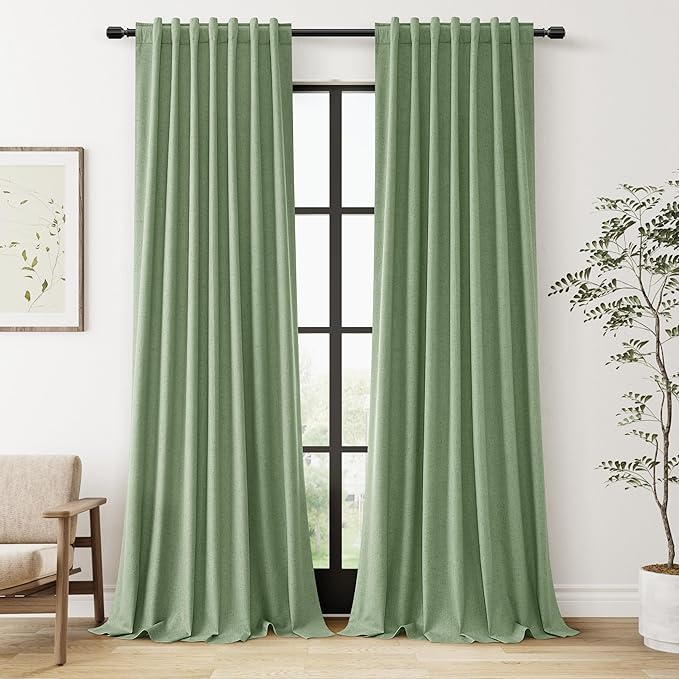 Guken Light Sage 100% Blackout Linen Curtains 96 Inch Length 2 Panels Set for Living Room Bedroom Back Tab/Rod Pocket Thermal Insulated Black Out Drapes Room Darkening Farmhouse Window Curtains