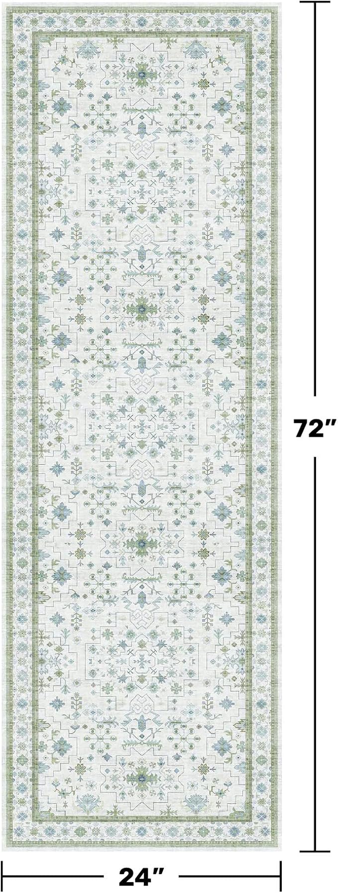 Hazo Haus Washable Oushak 2x6 Bathroom Runner Rug, Eclectic Boho Floral Pastel, Non Slip Low Pile Stain Resistant Small Throw Rug for Bedroom, Laundry Room, Powder Room, Cream Green