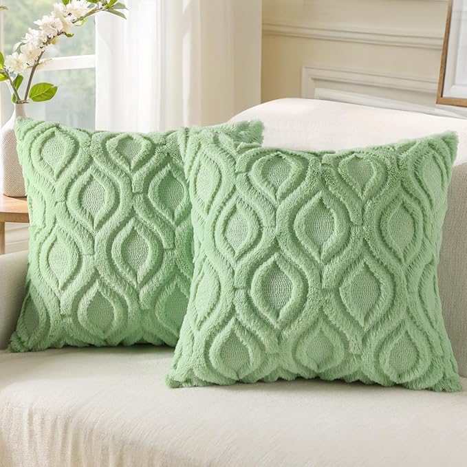 decorUhome Summer Throw Pillow Covers 22x22 Inch Set of 2, Soft Plush Faux Wool Light Sage Green Solid Couch Pillow Covers, Accent Euro Sham Farmhouse Square Pillow Cases for Sofa Bed Living Room
