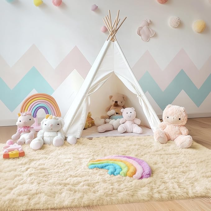 OLANLY Area Rugs for Living Room Bedroom, Machine Washable 4x5.9 ft Soft Fluffy Shaggy Bedside Rug, Indoor Floor Carpet for Kids Girls and Boys, Dorms, Nursery Rooms, Home Decor Aesthetic, Cream