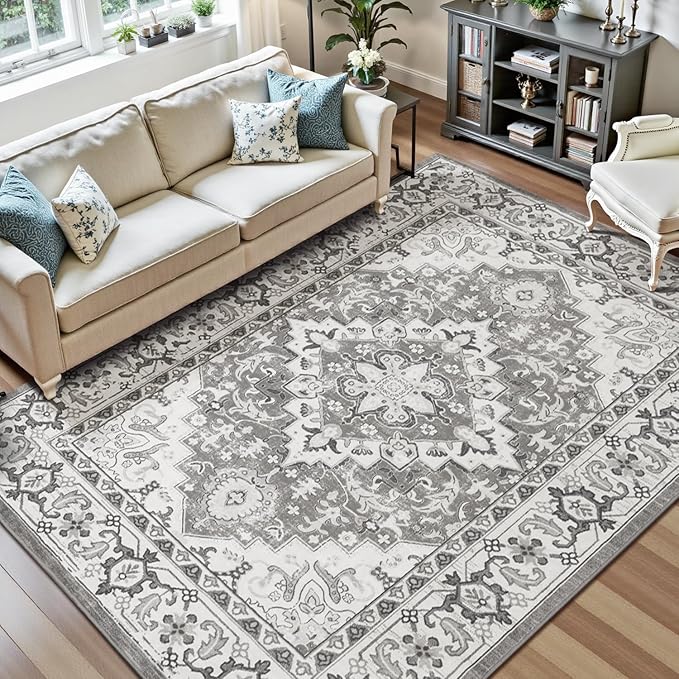 Lofus 8x10 Area Rugs for Living Room, Washable Area Rug, Rugs for Bedroom, Kitchen, Vintage Boho Carpet, Soft Non-Slip, Low Pile Large Area Rug for Office Dining Room, Floral Grey