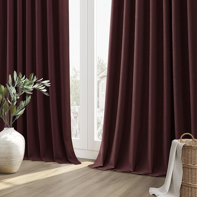 Guken 100% Blackout Curtains 96 Inch Length 2 Panels Set for Living Room Bedroom Back Tab Thermal Insulated Black Out Linen Drapes Room Darkening Reddish Brown,52x96