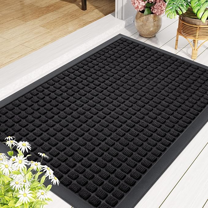 Smiry Front Door Mat Outside Entrance, Heavy Duty Natural Rubber Doormat, Non Slip, Trap Dirt and Moisture, Easy Clean, Low Profile Welcome Floor Mats for Indoor Outdoor Entry, 47x23 Inch, Black