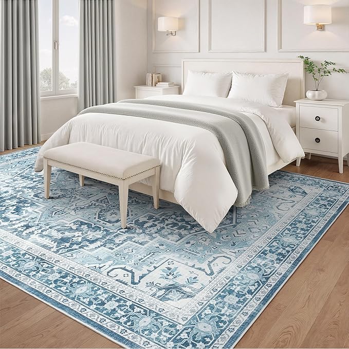Rugflix 5x7 Area Rugs for Living Room, Machine Washable Rug Non Slip Stain Resistance, Large Rug Vintage Distressed Soft Carpet for Bedroom, Dining Room, Home Office, Blue