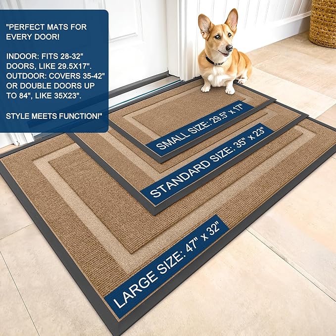 OLANLY Front Door Mat Indoor Outdoor Entrance, Waterproof All-Season, All-Weather Doormat, Sturdy Natural Rubber, Fade Resistant, Low Profile, Easy Clean Patio Porch Entryway Mat, 59x20, Light Brown