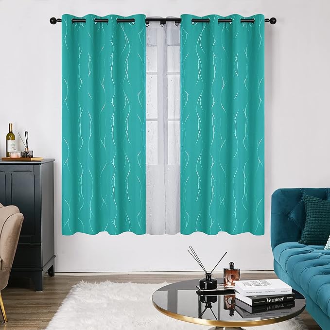 Deconovo Blackout Curtains, Thermal Insulated Soundproof Grommet Drapes, Wave Dots Silver Print, 52 x 72 Inch, Set of 2, Machine Washable Panels for Kitchen Bedroom Living Room Nursery, Turquoise