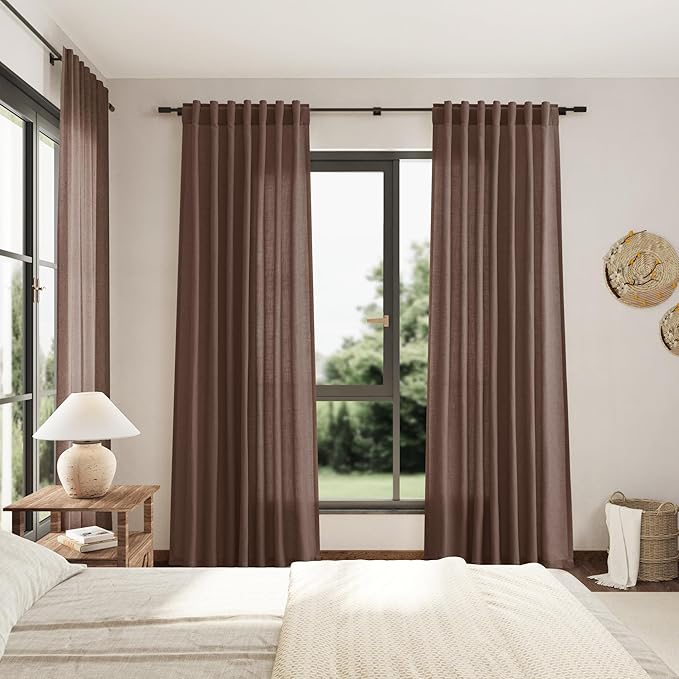 Nanspring Mocha Mousse Curtains 96 Inch Long 2 Panel Set Back Tab Rod Pocket Linen Textured Light Filtering Linen Textured Boho Aesthetic Room Decor for Bedroom and Living Room 8Ft 52x96 Inch