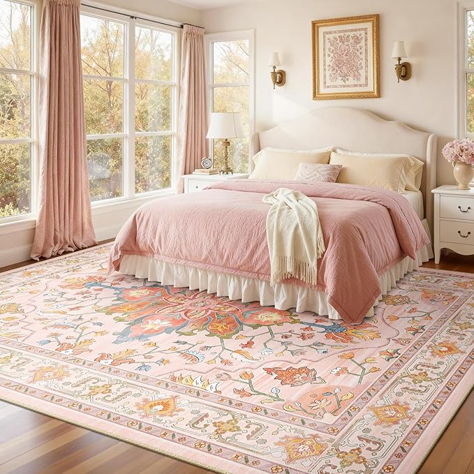 RELEANY Area Rugs 9'x12' Washable Non-Slip, Floral Vintage Distress Print Pattern Medallion Carpet for Living Room Bedroom Dining Room, Light Pink Colorful