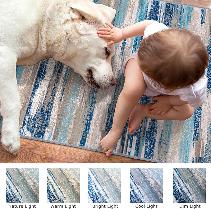Lansny Modern Abstract 8x10 Large Machine Washable Living Room Rug Non-Slip Soft Bedroom Area Rug Blue Ultra Thin Print Faux Wool Carpet Throw Rugs for Nursery Playroom Dining Room Indoor Office