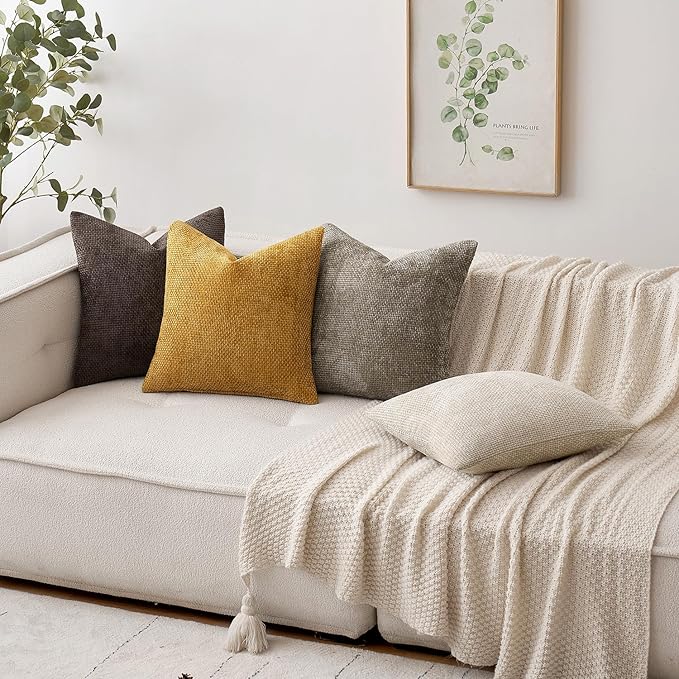 MIULEE Pack of 2 Euro Sham Pillow Covers 24x24 Inch Neutral Gold Modern Boho Accent Decorative Throw Pillow Covers Soft Chenille Farmhouse Cushion Covers for Home Decor Couch Bed Sofa Living Room