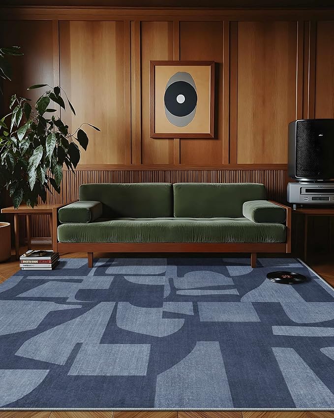 Latte&Fog 8x10 Area Rugs for Living Room, Large Modern Abstract Washable Rug, Boho Non Slip Low Pile Carpet for Indoor Bedroom Dining Room, Office, Dorm, Classroom, Farmhouse and Kids Room - Navy Blue