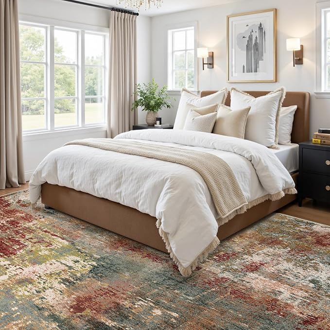 Washable Area Rugs 8'x10' Non-Slip Modern Abstract Soft for Living Room Entryway Bedroom Nursery, Print Pattern, Brown Rust Red Green Blue Multi