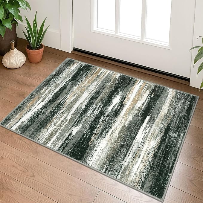 Lansny Modern Abstract Entryway Rug Indoor 2x3 Washable Rug Non-Slip Soft Small Area Rug Forest Green Kitchen Mats Thin Print Faux Wool Floor Carpet Throw Rugs for Entrance Bedroom