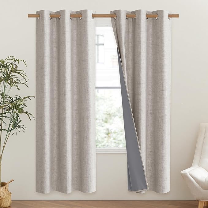 NICETOWN Brich Vintage Open Linen Weave Flax Thermal Curtains, 100% Blackout Curtains 72" Long for Dining Room, Soundproof Window Treatment Drapes for Gym Room, 42" Wide Per Panel, Set of 2