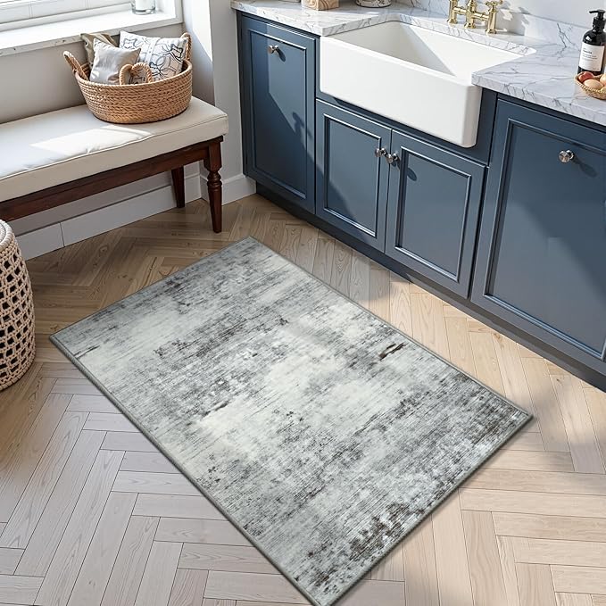Toneed Entryway Rug 2x3 Door Mat for Indoor Entrance, Washable Small Throw Rug for Kitchen Floor, Front Door, Bedroom Bedside, Non-Slip Low Pile, Abstract Grey
