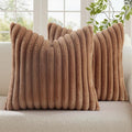 decorUhome Cozy Faux Fur Throw Pillow Covers 20x20 Set of 2 Decorative Soft Plush Striped Modern Farmhouse Boho Couch Pillow Cases with Velvet Back for Sofa Bed Living Room, Brown