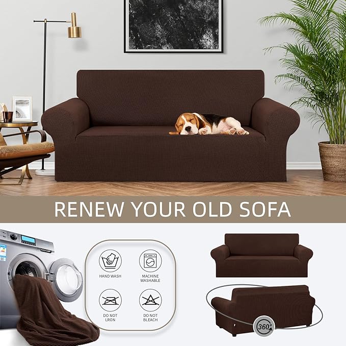 KEKUOU Stretch Loveseat Sofa Cover Slipcover,Couch Covers for 2 Cushion Couch Sofa (55"-78") Furniture Protector Sofa with Elastic Bottom for Kids,Dog. Jacquard Small Checked (Medium,Chocolate)