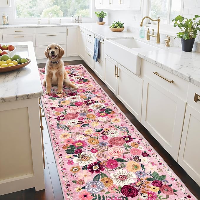 Pink Floral Hallway Runner Carpet Non-Slip, 2x10 Washable Rug Ultra-Thin Soft for Hallways, Kitchen Mat Stain Resistant for Entryway Bathroom (2 x 10, Pink Garden)