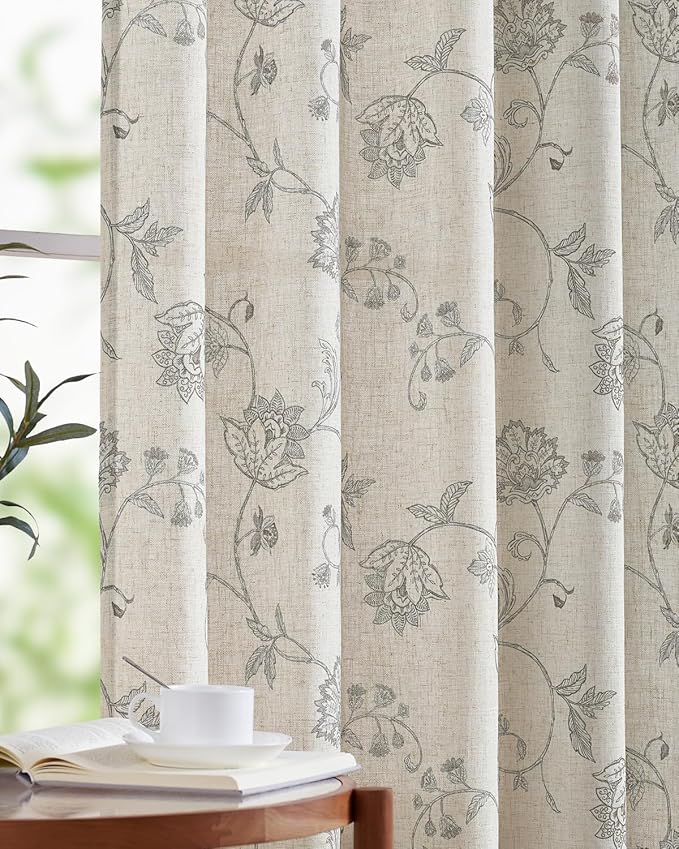 jinchan Linen Curtains Floral Curtains 96 Inch Length for Living Room Bedroom Light Filtering Rod Pocket Back Tab Jacobean Curtains Flax Linen Texture Window Drapes Set 2 Panels Dark Grey on Linen