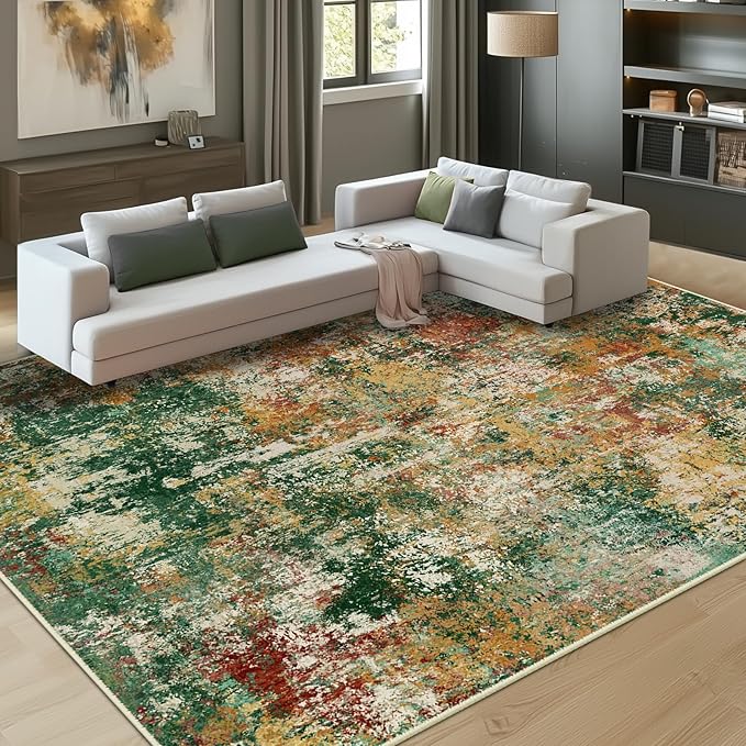 Washable Area Rugs 9'x12' Non-Slip Modern Abstract Soft for Living Room Entryway Bedroom Nursery, Print Pattern, Green Orange Rust Red Cream Colorful