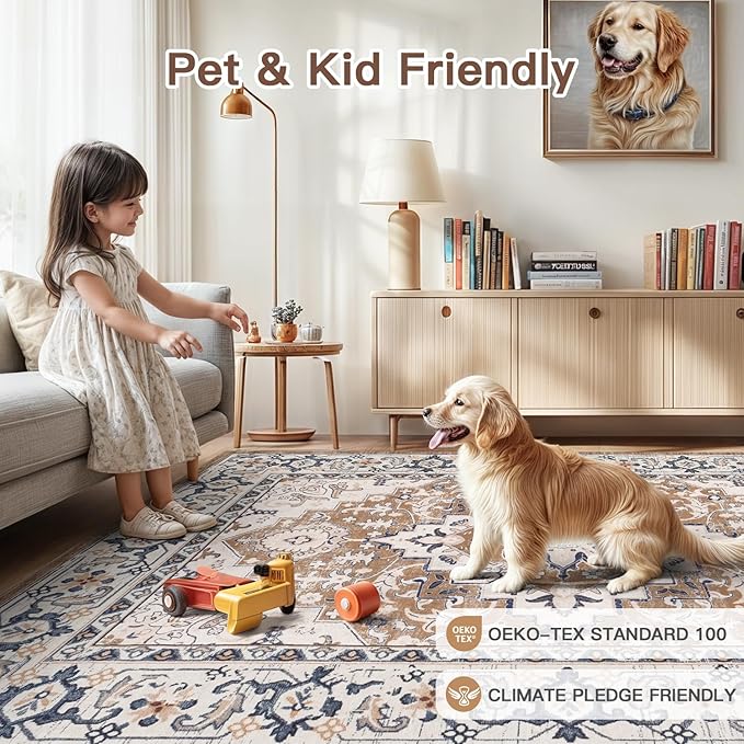Lofus 5x7 Area Rugs for Living Room, Washable Area Rug, Rugs for Bedroom, Kitchen, Vintage Boho Carpet, Soft Non-Slip, Low Pile Large Area Rug for Office Dining Room, Floral Brown
