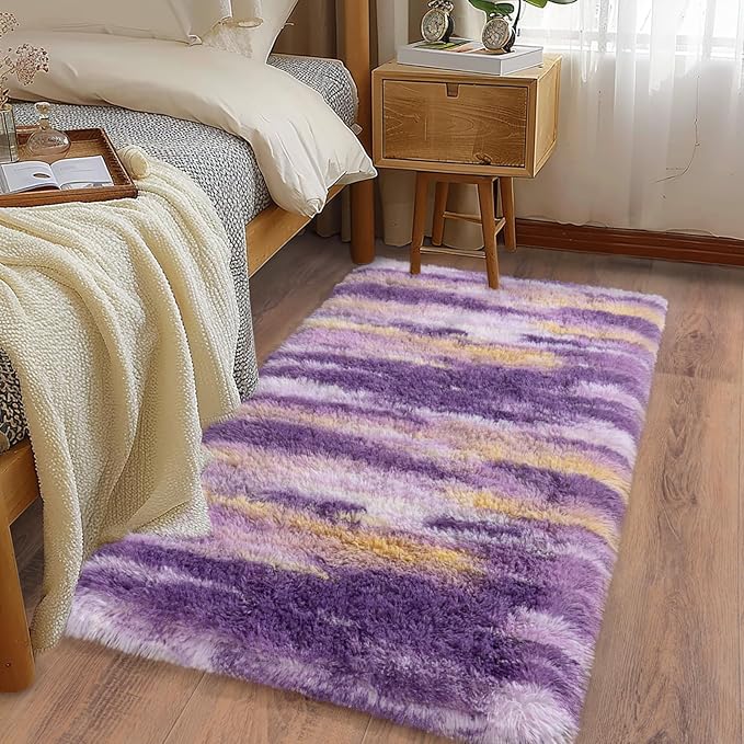 Soft Runner Rugs for Bedroom Hallways, 2x4 Abstract Purple Fluffy Shag Throw Area Rug Non Slip for Bedside Dorm, Long Shaggy Furry Carpet for Nursery Living Room