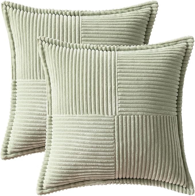 MIULEE Spring Decorative Throw Pillow Covers for Couch Bed Livingroom 20x20 Inch Set of 2 Light Green Boho Accent Throw Pllows Broadside Striped Patchwork Soft Corduroy Summer Pillowcases