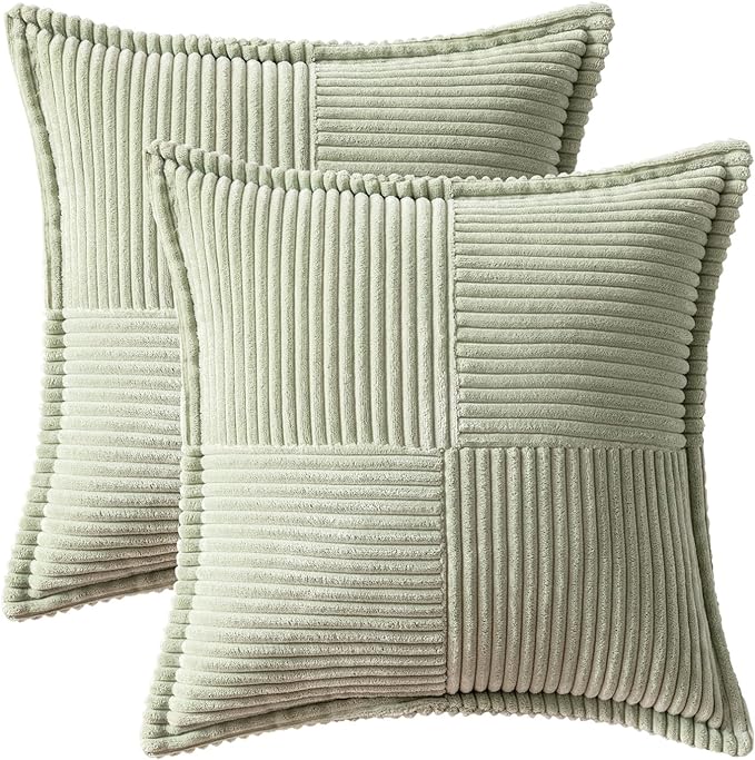 MIULEE Spring Decorative Throw Pillow Covers for Couch Bed Livingroom 18x18 Inch Set of 2 Light Green Boho Accent Throw Pllows Broadside Striped Patchwork Soft Corduroy Summer Pillowcases