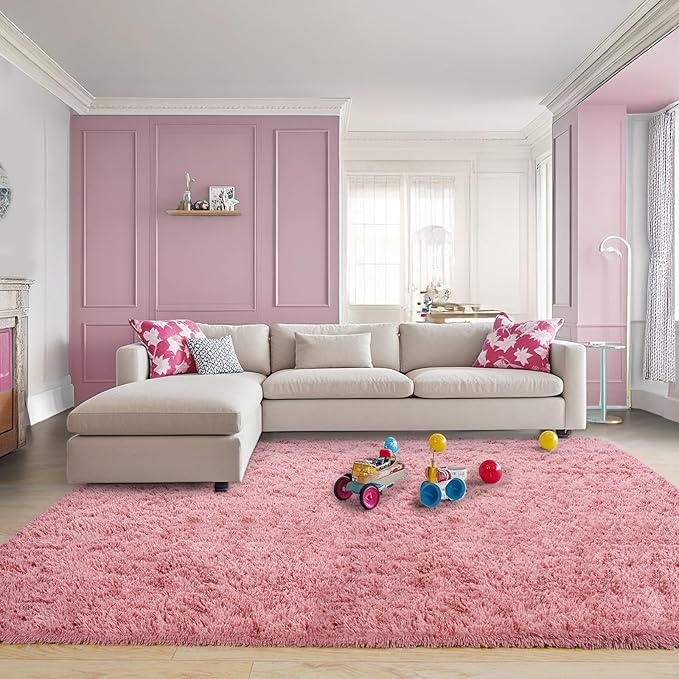 Pionblank 8x10 Rug for Living Room, Fuzzy Plush Large Area Rug, Fluffy Modern Shag Non Slip Soft Furry Carpet for Bedroom Kids Room Nursery Teens Dorm Home Decor, Blush