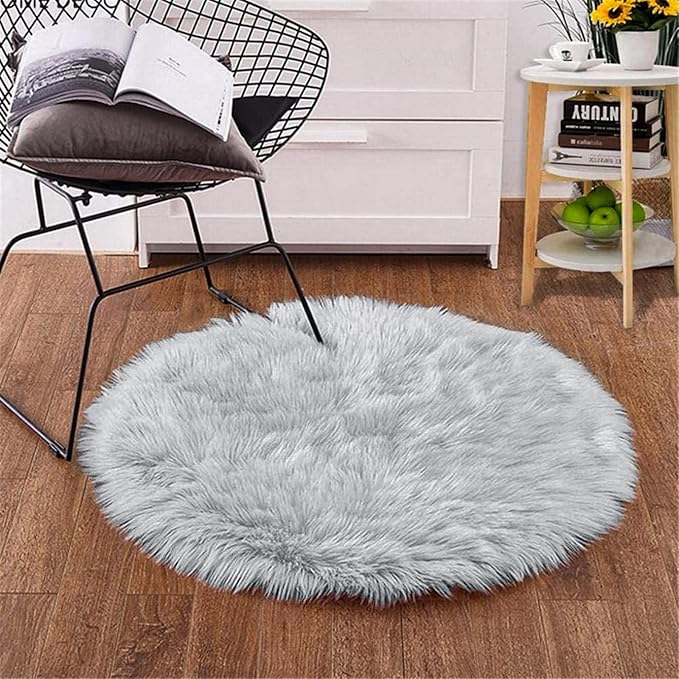 Goolela Grey Round Rug 3ft Fluffy Faux Sheepksin Fur Rug Fuzzy Gray Bedside Rugs for Bedroom Living Room Plush Soft Circle Shag Carpet