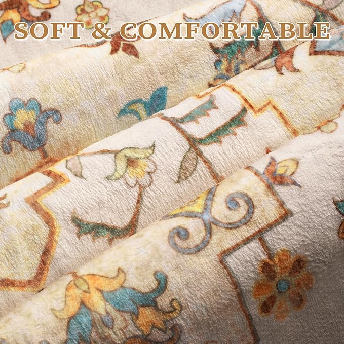SERISSA Boho Area Rug 5x7 Light Yellow, Washable Large Rugs for Living Room, Ultra Soft Non-Slip Bedroom Rug Print Distressed Vintage Farmhouse Carpet Rug for Dining Room Dorm Office Home Decor