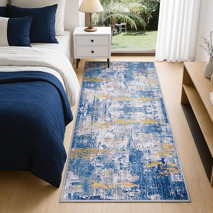 Washable Area Rugs 2'x6' Non-Slip Modern Abstract Soft for Living Room Entryway Bedroom Nursery, Print Pattern, Grey Blue Gold/Golden