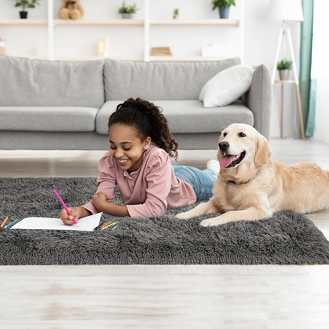 Tepook Fluffy Runner Rugs for Bedroom Aesthetic 2x6 Feet, Shag Soft Bedside Rug with Non-Slip Bottom, Fuzzy Plush Carpet for Room, Hallway Rug for Nursery Dorm Indoor Home Decor, Dark Grey