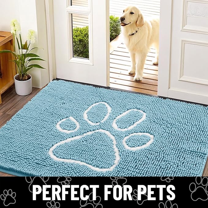 Smiry Dog Door Mat for Muddy Paws, Absorbent Dirt Trapper Non Slip Quick Dry Washable Chenille Mat for Mud Dogs, Entry Rug for Indoor and Outdoor (24x16 Inches, Sky Blue and White)
