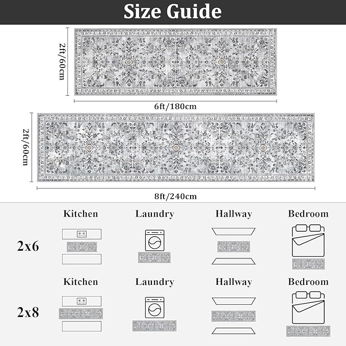 Yamaziot Washable Runner Rug 2x8 – Non Slip Boho Floral Hallway Runner Rug with Rubber Backing, Low Pile Faux Wool Distressed Carpet for Kitchen, Laundry, Bedroom, Entrance, Gray