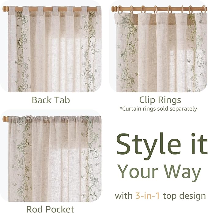 jinchan Evelyn Embroidered Linen Curtains for Living Room Farmhouse Floral Curtains for Bedroom Semi Sheer Light Filtering Window Drapes Rod Pocket Back Tab 2 Panels W50 x L96 Sage Green