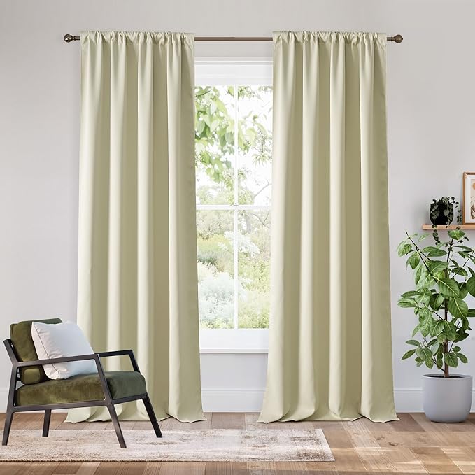 RYB HOME Bedroom Blackout Curtains 80 inches Long, 100% Blackout Thermal Insulated Noise Reducing Curtains for Living Room Nursury, 34 inches Wide by 80 inches Long, Beige