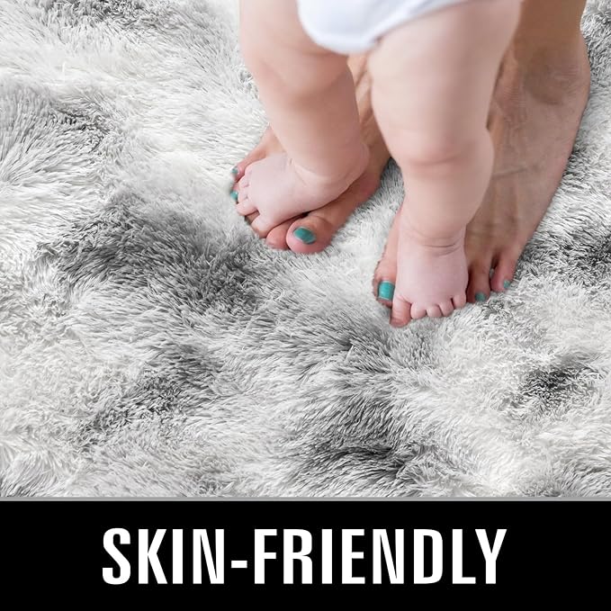 TWINNIS Super Soft Shaggy Rugs Fluffy Carpets 6x9 Feet, Indoor Modern Plush Area Rugs for Living Room Bedroom Kids Room Nursery Home Decor, Upgrade Anti-Skid Fuzzy Rug, Grey and White