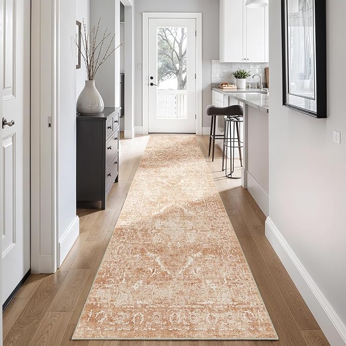 2'6"x12' Washable Hallway Runner Rug - Non Slip Kitchen Runner Rugs with Rubber Backing Vintage Low-Pile Carpet Runners for Entryway Dining Room Laundry Room Home Decor (Brick)