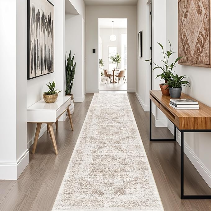 Washable 2'6''x12' Runner Rug - Non-Slip Vintage Runner Rug for Entryway Low-Pile Medallion Long Rugs for Hallway Waterproof Traditional Runner Rugs Indoor Thin Rug for Kitchen (Cream/Beige)