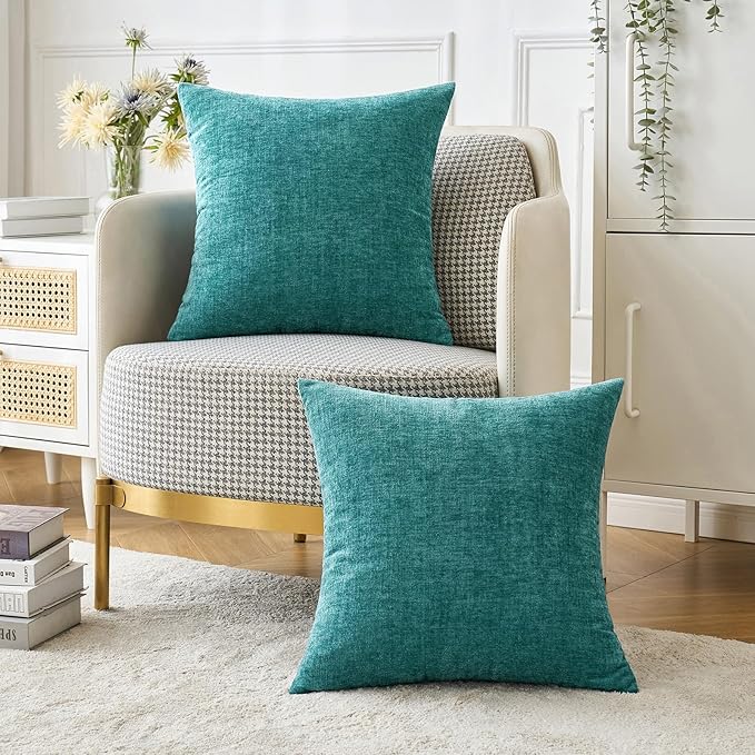 MIULEE Pack of 2 Couch Throw Pillow Covers 22x22 Inch Soft Teal Chenille Pillow Covers for Sofa Living Room Solid Dyed Pillow Cases