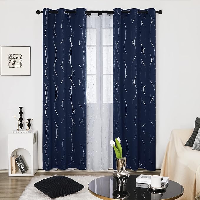 Deconovo Navy Blue Curtains, Blackout Curtain for Bedroom, 42 x 95 Inch, Thermal Insulated Soundproof Privacy Drapes with Silver Wave Dots Pattern, Grommet Top, Machine Washable Panel for Living Room
