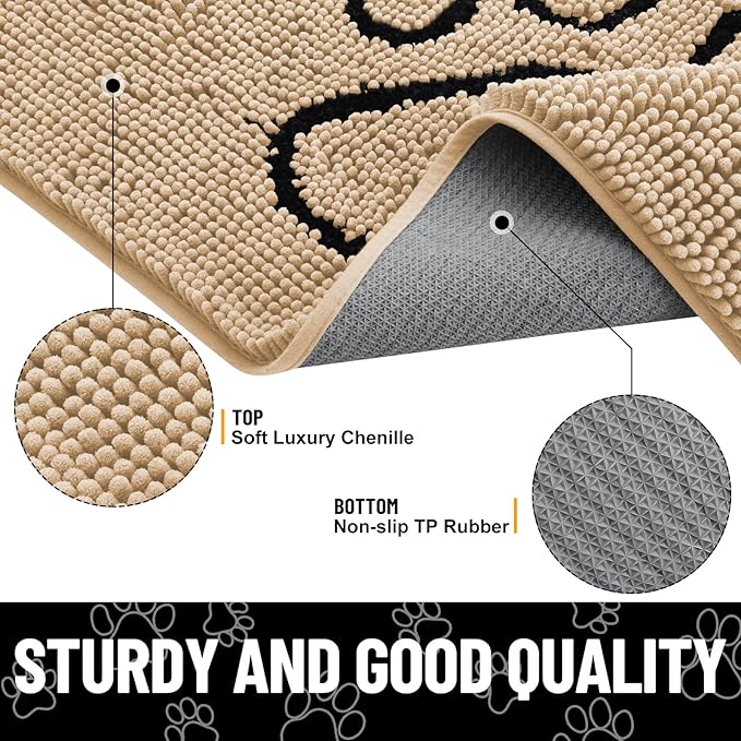 Smiry Dog Door Mat for Muddy Paws, Absorbent Dirt Trapper Non Slip Quick Dry Washable Chenille Mat for Mud Dogs, Entry Rug for Indoor and Outdoor (30x20 Inches, Beige and Black)