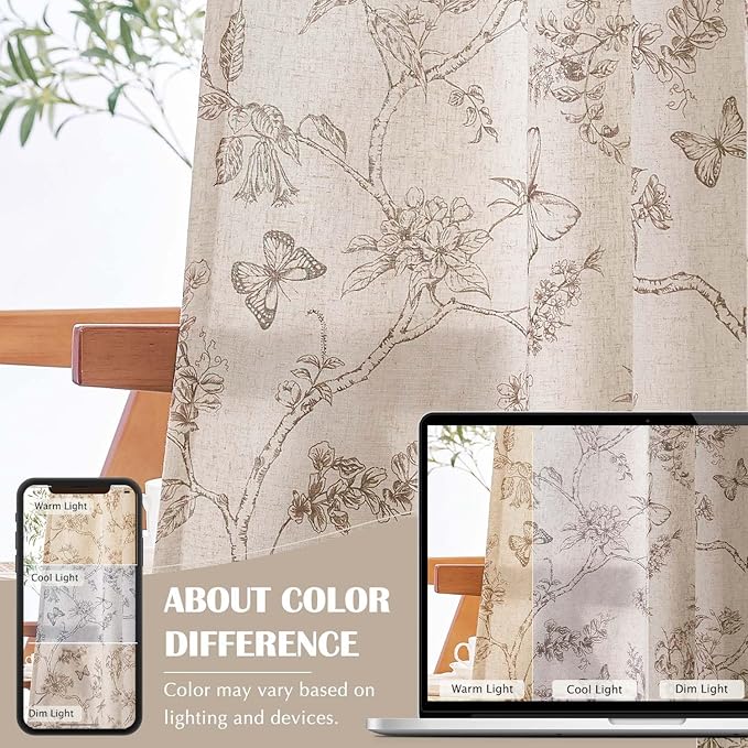 jinchan Floral Curtains Lined Linen Blend Curtain for Living Room 84 Inch Length Taupe Farmhouse Flower Patterned Curtain French Country Curtains Drapes Back Tab Rod Pocket 2 Panels