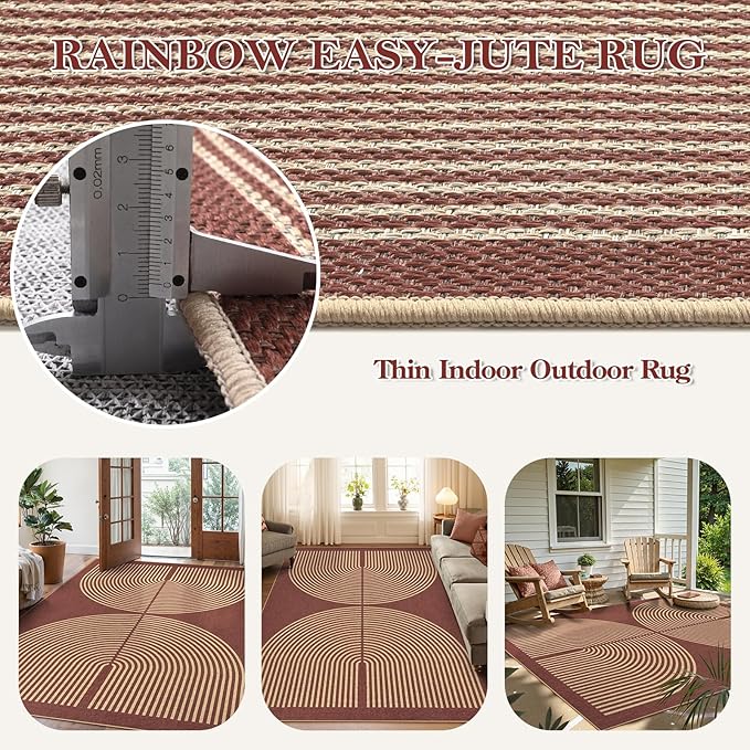 Lahome Enfys Modern Rainbow Easy Jute Outdoor Rug 5x7, Stain Resistant Red Dining Room Patio Rug, Farmhouse Non Slip Non Shedding Indoor Outdoor Carpet for Living Room Office Bedroom Deck Backyard