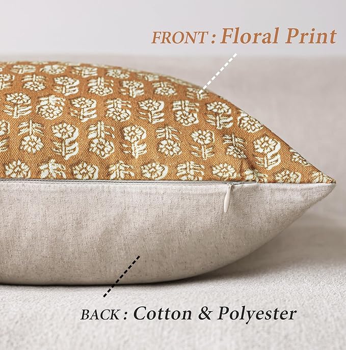 Foindtower Set of 2 Decorative Vintage Floral Print Throw Pillow Covers Neutral Modern Farmhouse Cushion Cover Boho Home Decor For Sofa Couch Chair Bedroom Living Room Outdoor,22×22 Inch,Golden Orange