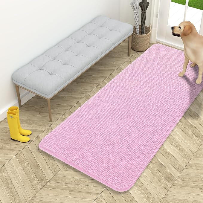 OLANLY Dog Door Mat for Muddy Paws 54x24, Absorbs Moisture and Dirt, Absorbent Non-Slip Washable Doormat, Quick Dry Chenille Mud Mat for Dogs, Entry Indoor Entryway Carpet for Inside Floor, Pink