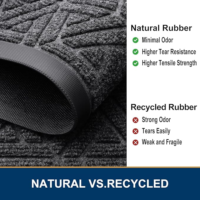 Smiry Front Door Mat Outside Entrance, Heavy Duty Sturdy Natural Rubber Doormat, Trap Dirt and Moisture, Easy Clean Low Profile Mats for Indoor Outdoor Entry, Grid Geometric (47x23, Grey)
