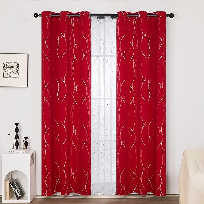 Deconovo Blackout Curtains, Christmas Red Curtain, Thermal Insulated Noise‑Reducing Drapes, Wave Line Dot Foil Print, 38 x 90 Inch, 2 Panels, Machine‑Washable Window Curtain for Party Home Decor